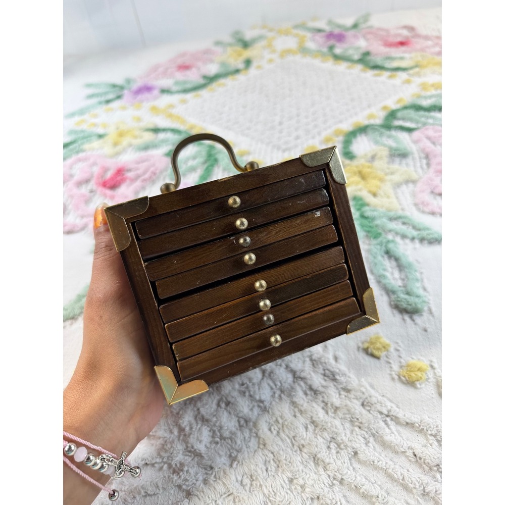 Vintage Gourmet Royale Ltd Wood Coaster Set 6 Piece Brass Trim Storage Box - Picture 2 of 9